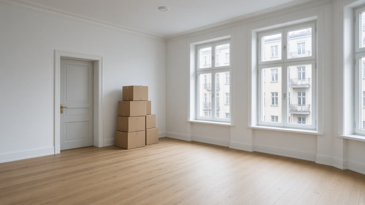 Leerer Berliner Altbau im Tageslicht, an der Tür ein kleiner Stapel Kartons.